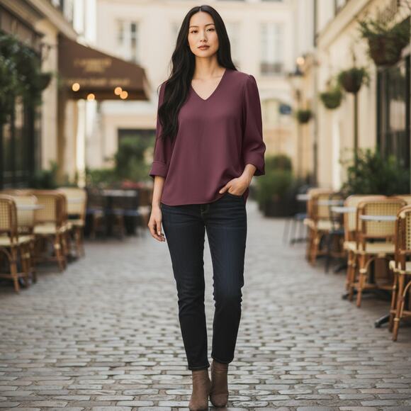 Ann Taylor Purple V‑Neck Top L – 3/4 Sleeve, Stretch Knit, EUC - Picture 2 of 6